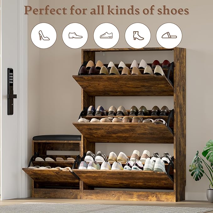 BORNOON Shoe Cabinet with Bench and 3 Flip Drawers, Slim Narrow Shoe Storage Cabinet, Freestanding Shoe Rack Organizer with Adjustable & Removable Shelves, Anti-Tip for Entryway, Hallway, Foyer