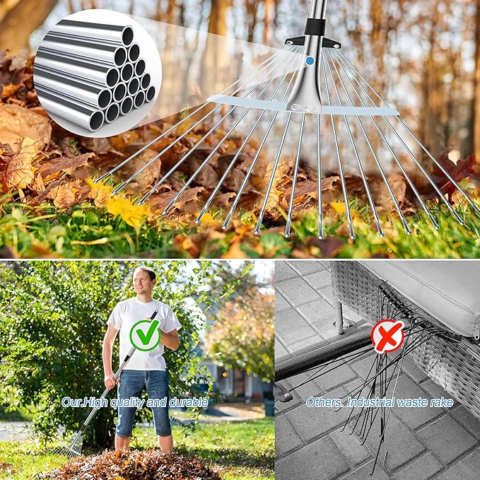Garden Rake for Leaves, Heavy Duty Metal Adjustable Leaf Rake for Lawns, Length 37"-68", Adjustable Expandable Head 8"-15", Garden Tools for Lawn Garden Yard Flowers Beds Bush