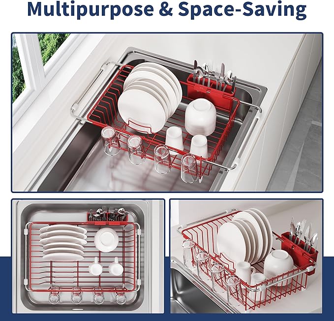 JASIWAY Red in Sink Dish Drying Rack, Expandable Stainless Steel Small Dish Rack Over Kitchen Sink, Plate Drainer Strainer with Cutlery Holder & Cup Holders, Counter Space Saving Wire Dryer Rack