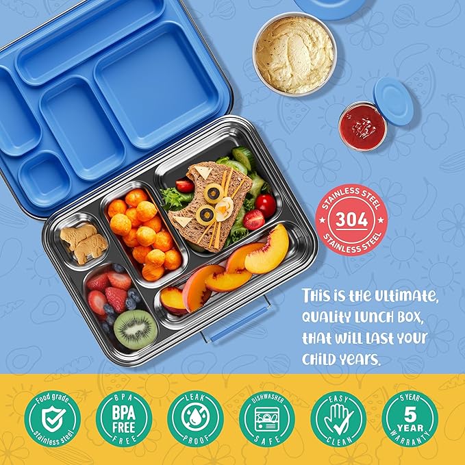 AOHEA Stainless Steel Bento Box Kids, Kids Metal Bento Lunch Box BPA Free Lunch Box Containers 304 Stainless Steel Bento Box for School and Office(Bule)