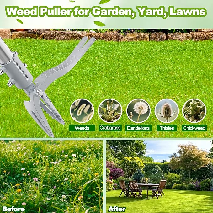 Weed Puller Tool with Gloves, Manual Stand Up Weeding Picker Tool, Heavy Duty Weeder Remover Tool with 4 Claw Steel Head for Garden, Yard, Lawns, Sidewalk, Grass