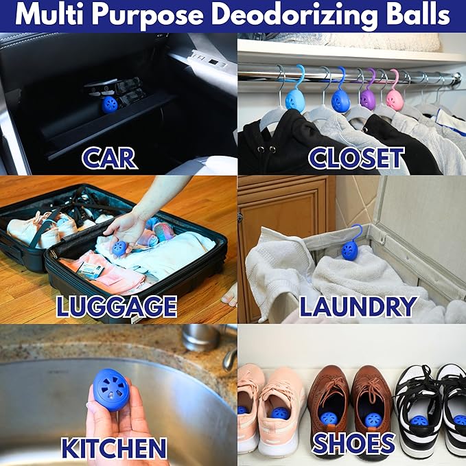 Air Jungles Shoe Deodorizer Balls 6 Ct, Ocean Scent, Odor Remover Balls for Sneakers, Gym Bags, Lockers, Closets, Hampers, and Drawers, Essential Oil Provides Natural Freshness