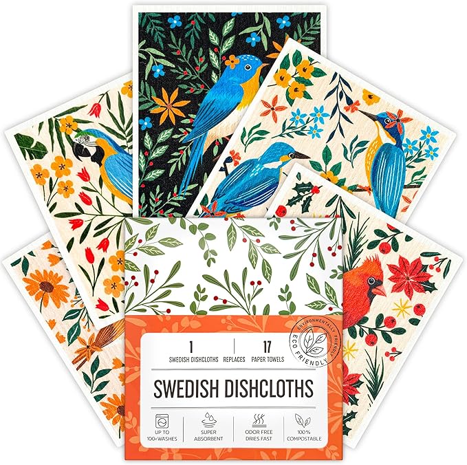 Swedish Dishcloths for Kitchen, 5 Pack Reusable Paper Towels Washable, Super Absorbent Kitchen Towels, No Odor Dish Rags, Biodegradable, Quick Drying, Dishwasher Safe
