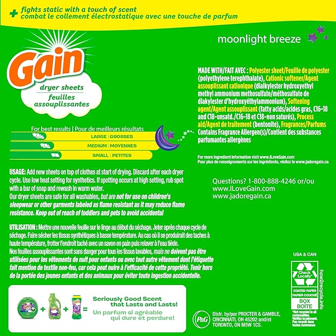 Gain dryer sheets Plus Wrinkle Release, Moonlight Breeze Scent, 120 Count, Fights static with a touch of scent, laundry sheets
