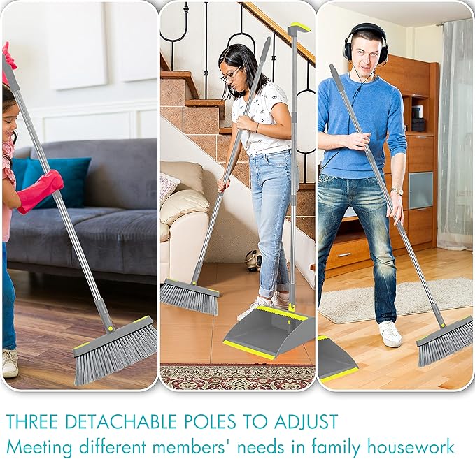 PHYEX 2-Pack Broom and Dustpan Combo Set, 48" Long Adjustable Handle Stand Up Dustpan with Self-Cleaning Teeth, Ideal for Home, Office, Kitchen, Indoor & Outdoor Use, Grey