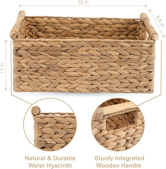 Large Rectangular Wicker Basket - Premium Water Hyacinth Storage Basket with Built-in Wooden Handles for Home Organization, Shelf Organizer, Decorative Natural Handwoven Basket 15.5x10.8x6.2"