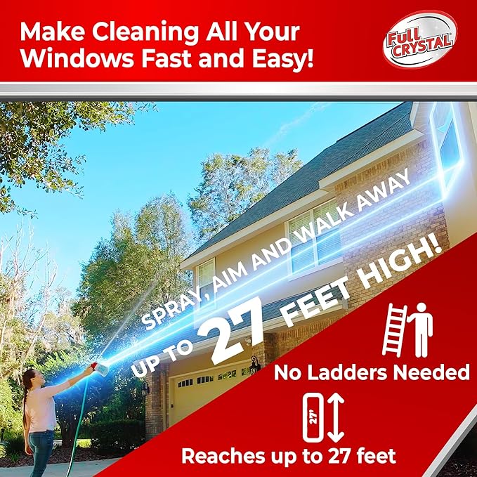 Full Crystal Window Cleaning Kit – 16 oz Glass Cleaner and Bottle with 27 ft Reach, Each 4 oz Bag Makes Up to 640 fl oz, Cleans Up to 80 Windows, Scrub-Free, Rinse-Free