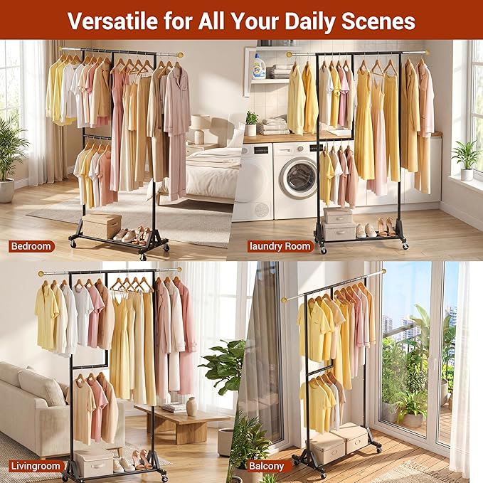 Rolling Clothing Rack with Bottom Storage Shelf & lockable Casters, Multi-tier Retractable Sturdy Garment Rack for Hanging Coats, Dresses - Ideal for Bedroom, Closet & Laundry Room ( Taller version )