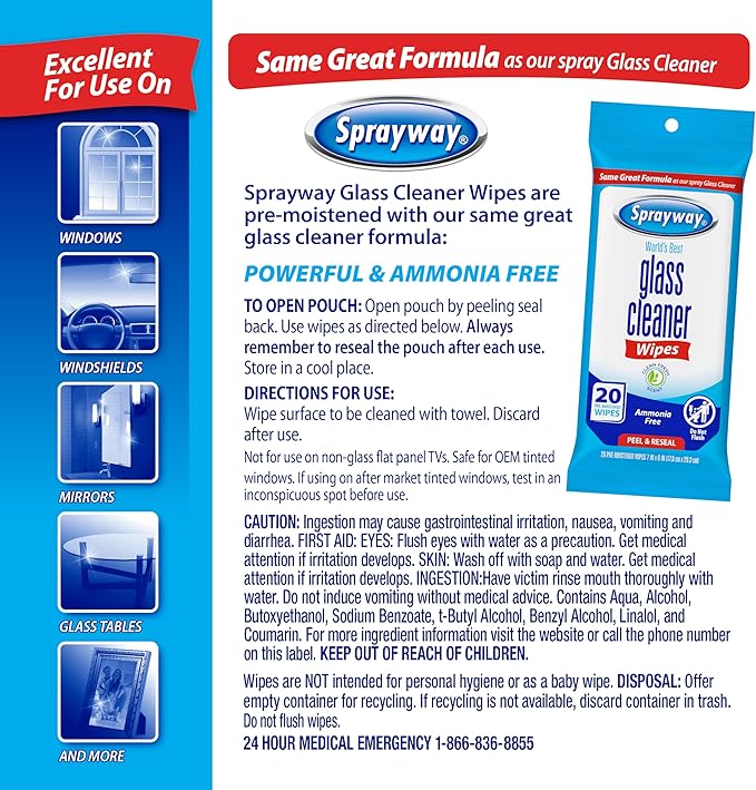Sprayway Glass Cleaner Wipes, 20ct, Pack of 6 | On-the-Go Resealable Package, Pre-Moistened | Original Ammonia-Free Formula | Removes Fingerprints, Dust, Dirt | All Glass Surfaces