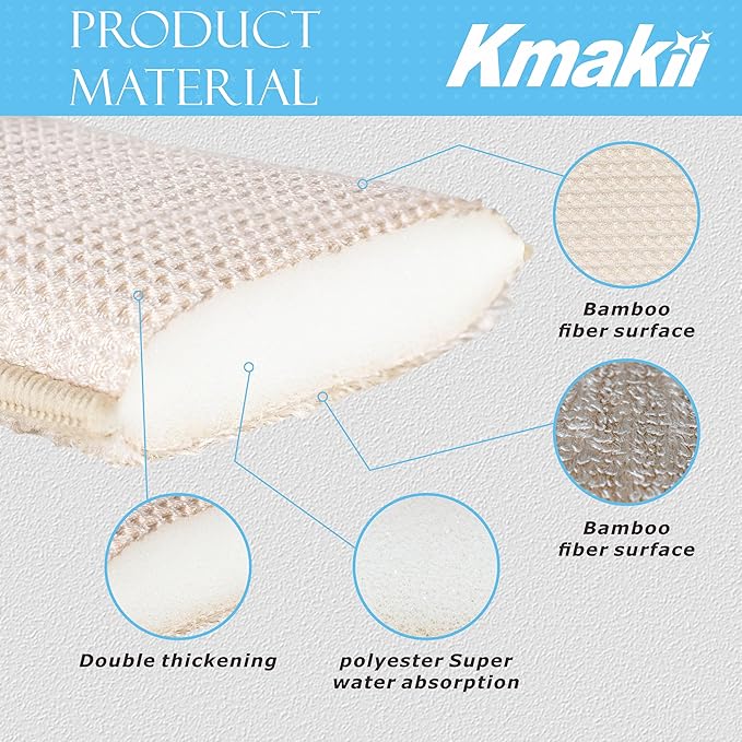 KMAKII Bamboo Kitchen Sponges,Dish Sponge,Super Absorbent Cleaning Sponges, Pack of 12