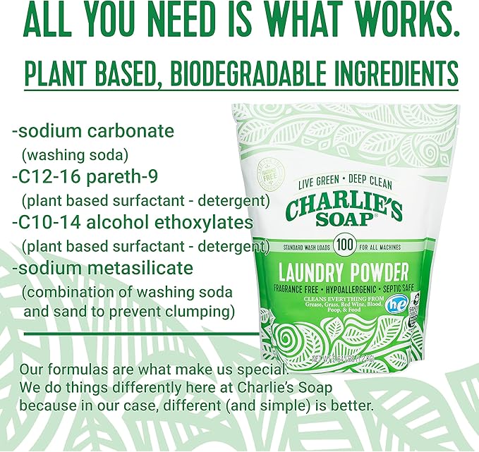 Charlie’s Soap Laundry Powder (100 Loads, 6 Pack) Hypoallergenic Deep Cleaning Washing Powder Detergent – Eco-Friendly, Safe, and Effective