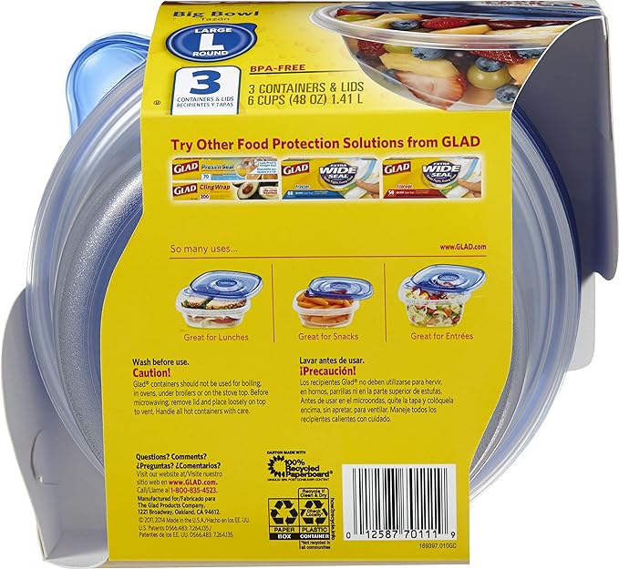 Glad GladWare Big Bowl Food Storage Containers with Lids, Large Round No BPA Plastic Containers for Soups, Salads, and Meal Prep, Lock Tight Seal, Microwave Dishwasher Safe, 48 Oz, 3 Count - 6 Pack