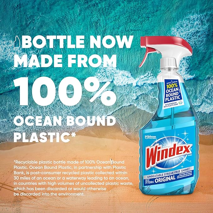 Windex Glass and Window Cleaner Refill Bottle, Bottle Made from 100% Recycled Plastic, Original Blue, 32 Fl Oz (Pack of 12)