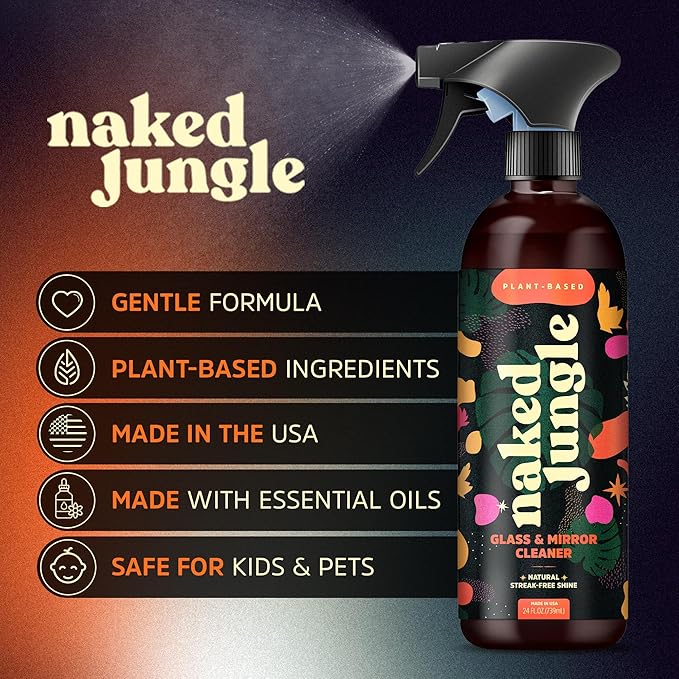 Naked Jungle Premium Plant-Based Glass Cleaner and Mirror Cleaner Spray for Streak-free Shine, Multi Purpose Car Window Cleaner, Eye Glasses Cleaner, Shower Glass Cleaner, 24 oz