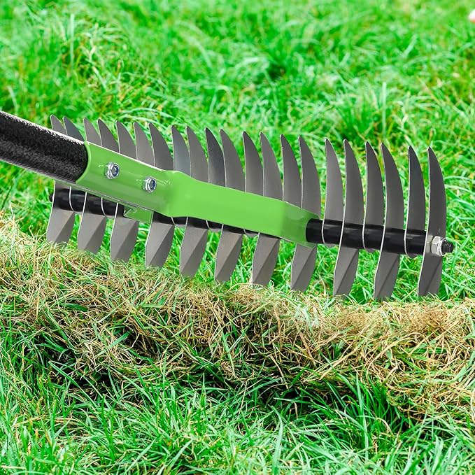 Thatch Rake & Garden Rake 70" – 13" Narrow Dual-Sided Sharp Steel Tines, Adjustable Handle, Lightweight & Reversible Head for Precision Lawn Care, Debris Removal and Soil Leveling