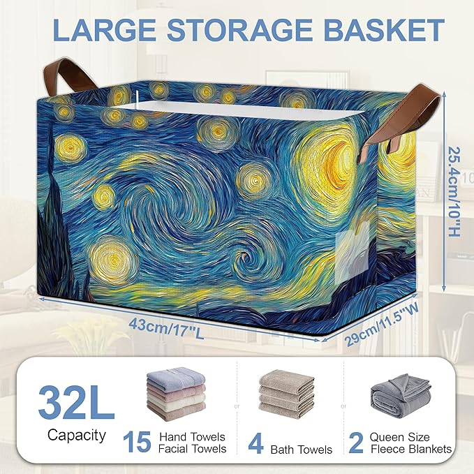 Starry Night Moon Storage Basket with Handles,Collapsible Rectangle Organizer Bin for Room Decoration Books Box Baskets 17x11.5x10Inch