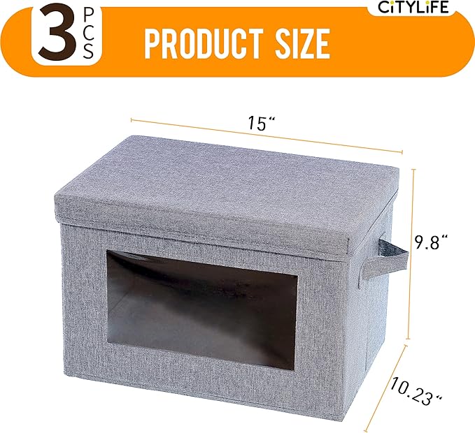 Citylife 3-Pack Collapsible Storage Bins with Lids, Linen Fabric Foldable Storage Boxes, Cube Closet Organization for Clothes, Blankets, Books, Gray