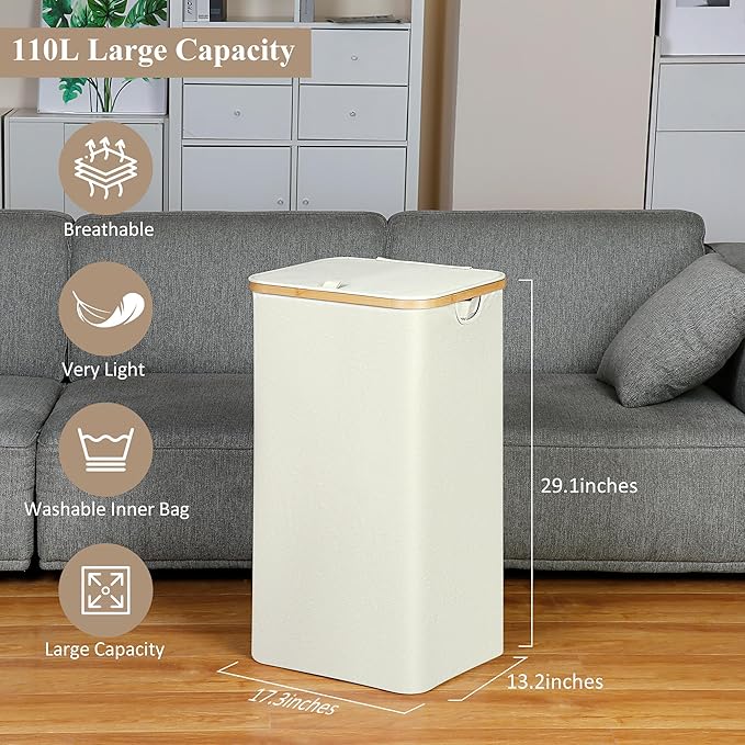 iEGrow Laundry Basket with Lid, 110L Large Laundry Hamper with Handle and Lid, Collapsible Clothes Basket Organizer with Removable Inner Bag for Clothes Toys Towels - Beige