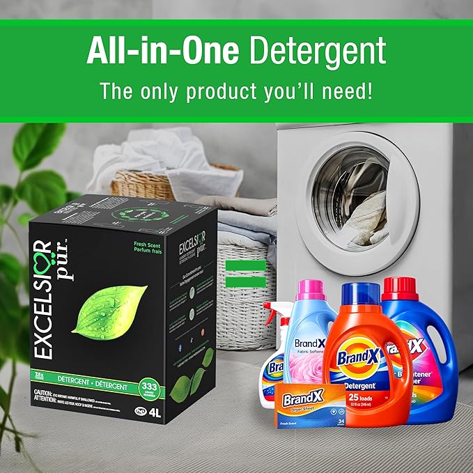 Excelsior Pür | 7.5x Ultra-Concentrated HE Liquid Laundry Detergent + Stain Remover Kit, 4L / 333 Loads, Fresh Scent, Eco-Dispenser Pump Bottle, Odor Control