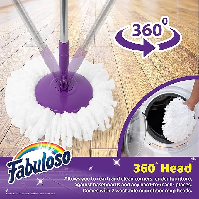Fabuloso Spin Mop and Bucket, Hands-Free Wringing Spin Bucket - Machine Washable and Replaceable Microfiber Mop Head, Adjustable Pole Length - Clean Your Floors with Ease