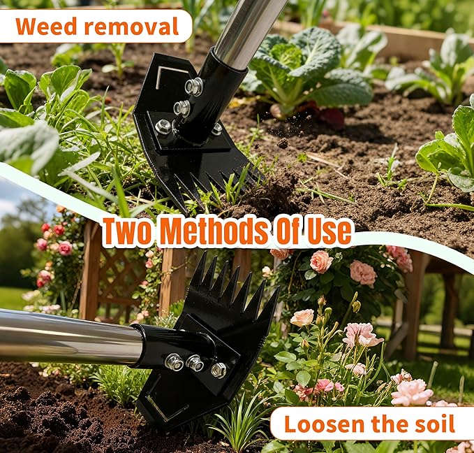 Weed Puller Tool with Long Handle, Manual Weed Remover Tool, 2 in 1 Weed Rake&Grabber and Garden Hoe, Dandelion Gardenia Heavy Duty Uprooting Tool for Yard, Lawn and Garden, 58Inch