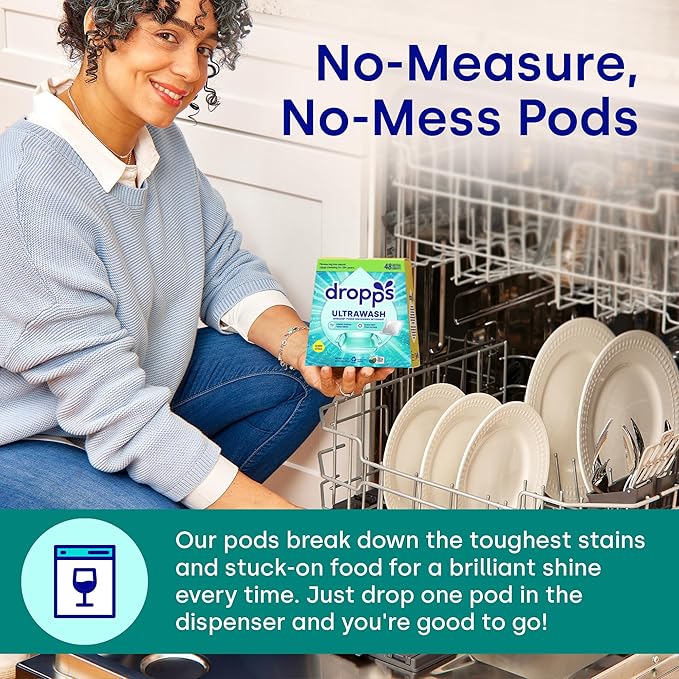 Dropps UltraWash Dishwasher Detergent Pods, Unscented (64 Ct) - Free & Clear | Cuts Grease & Stuck-On Food | Sparkling Dishes & Glasses | Residue-Free | Clean Ingredients | Plastic Free Packaging