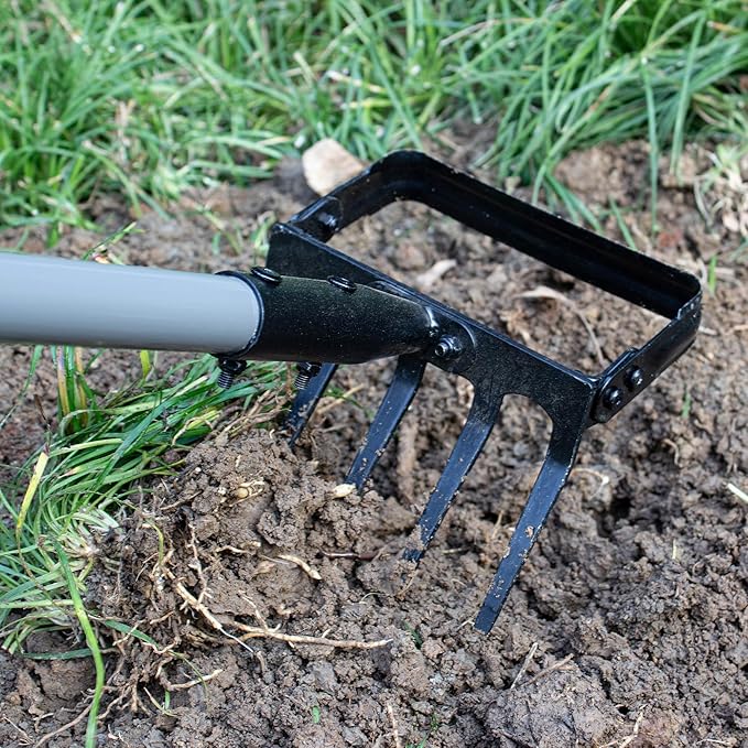 Suchtale 82 Inch Stirrup Hoe and 5-Tines Rake, Action Hoe for Weeding, 2 in 1 Scuffle Hoe with 37-82" Adjustable Handle, Cultivator for Loosening Soil, Loop Hoe for Garden Weeding and Planting