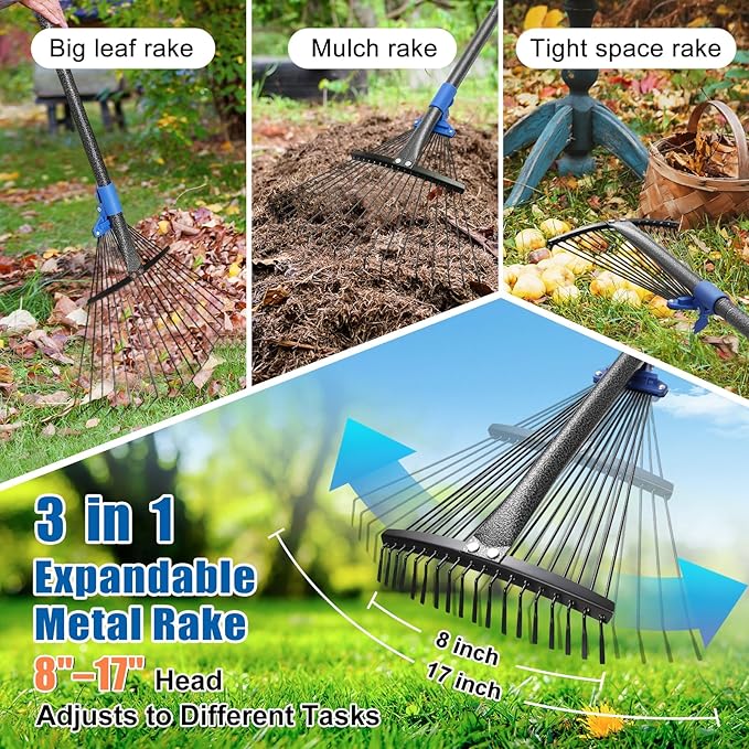 Rake for Leaves: Adjustable Metal Leaf Rake for Lawn, 8-17" Expandable Head, 65” Long Handle,Collapsible Heavy Duty Women Kids Garden Rakes for Yard Pine Needles Mulch Grass Debris Gardening Camping