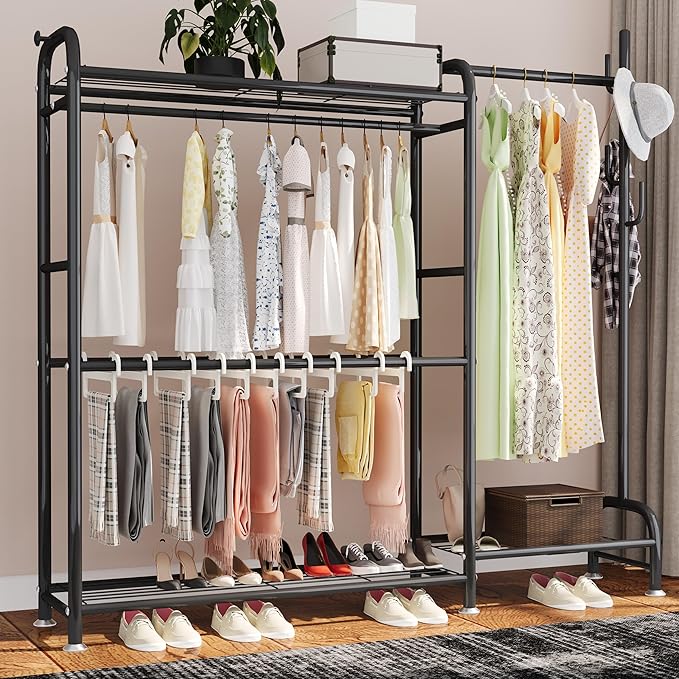 GAIOUS Black Metal Garment Rack for Hanging Clothes, Versatile Portable Clothes Rack with Hang Rods & Shelves & Pants Racks, FreeStanding Closet Wardrobe Organizer for Cloakroom, Bedroom