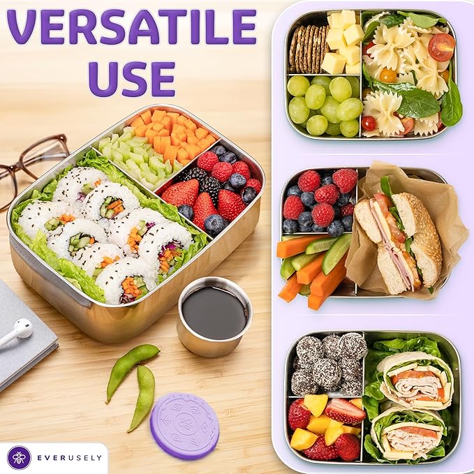 Everusely - Bento Box - Lavender, 60oz / 1.8 L - Extra Large Stainless Steel Lunch Box + Leakproof Condiment Container - 3 Compartment Snack Organizer for On the Go Meals - Freezer & Dishwasher Safe