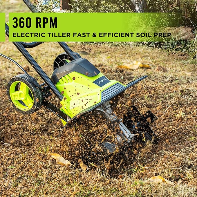 Steelite Electric Garden Tiller & Cultivator – 14-Inch 10 Amp Tilling Width, 4 Steel Tines, Foldable Handle & Adjustable Wheels | Compact Corded Rototiller for Effortless Soil Cultivation, Green