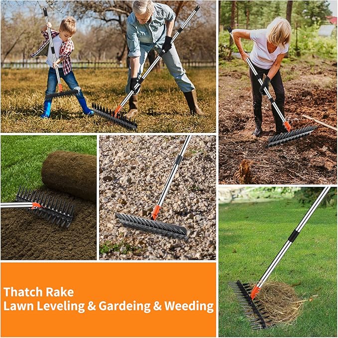 2-in-1 Thatch Rake with Dual Different Tines - Dethatcher Rake for Lawns, Versatile Lawn Rake for Thatch Removal and Soil Care, Heavy Duty Garden Rake Includes Reusable Waste Bag & Gloves