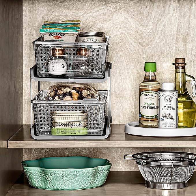 madesmart 2 Tier Organizer, Under Cabinet Storage with Pull Out Sliding Drawers, for Cleaning Supplies, Undersink, Sponges, Bottles & Bath, Adjustable Dividers & Pull Out Baskets, Grey