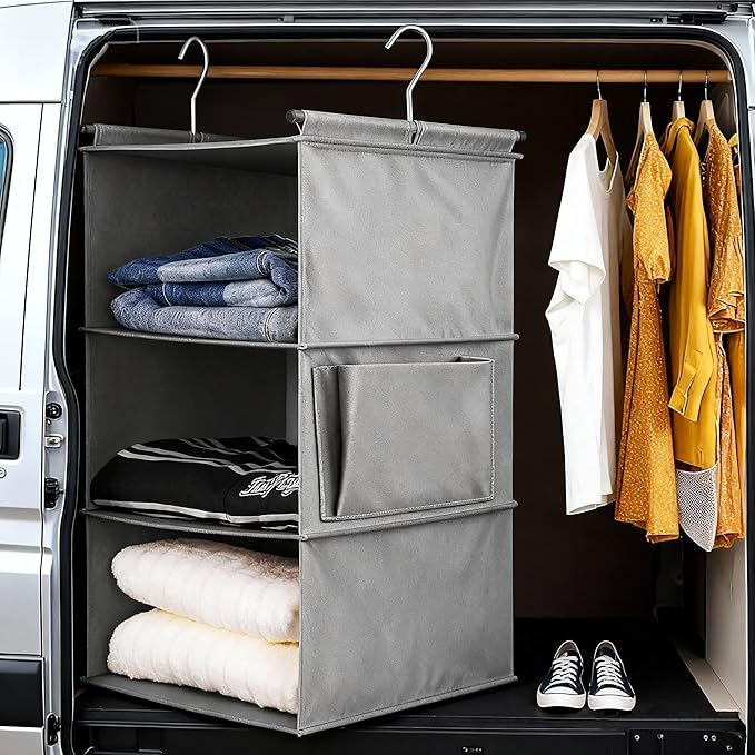 3-Tier Hanging Closet Organizer - Foldable Hanging Shelves for Closet, Space Saver Storage for Clothes, Sweaters, Shoes, Handbags & Accessories, Easy Setup, Grey