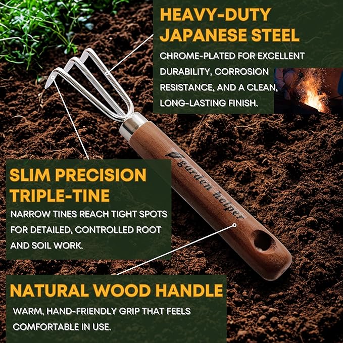 Mini Hand Cultivator Garden Tool 3 Claws - Heavy Duty Japanese Steel with Wood Handle - Small Rake Tiller for Aerating Soil, Digging, and Weeding - Made in Japan