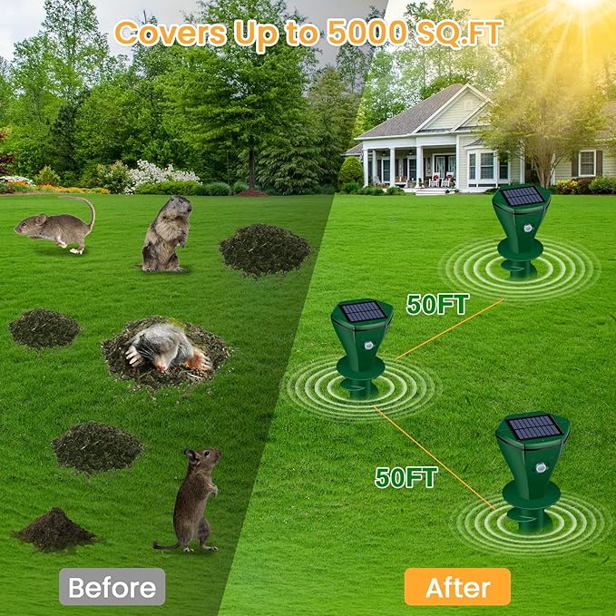 Solar Mole Repellent Ultrasonic, Vole Repeller with 3 Modes & IP65 Waterproof, Gopher & Snake Repellent for Lawn Garden Farm, 5000 SqFt Coverage for Moles Gophers Voles Snakes Groundhogs, 2 Pack