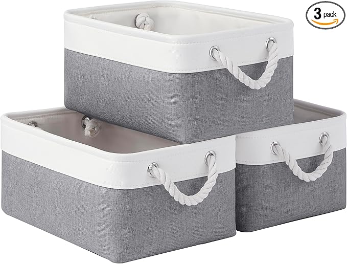 Storage Baskets for Shelves 13.8x9.8x6.7 Inch-Foldable Fabric Organizing Storage Bins with Handles, Closet & Bathroom Organizer, Home Storage for Kitchen, Office (3-Pack, White&Gray)