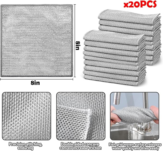 XANGNIER 20 Pcs Multipurpose Wire Dishwashing Rags for Wet and Dry,2024 New Multifunctional Non-Scratch Wire Dishcloth,Wire Cleaning Cloth,Non Scratching Metal Wire Rag for Kitchen,Counter,Dishes,Sink