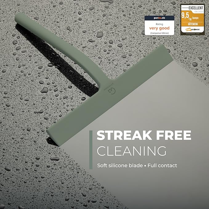 GÜTEWERK Silicone Shower Squeegee for Glass Doors & Mirrors with Stainless Steel Core, Streak-Free & No-Squeak Window Cleaning, 3-in-1 No-Drill Mount (Hook/Suction/Adhesive),Green, 11 Inches