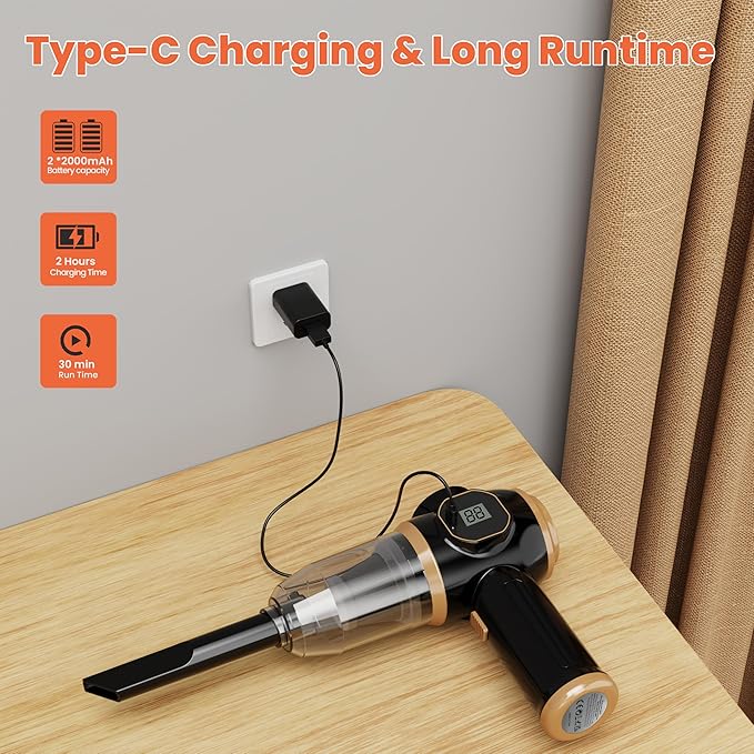Brushless Motor Portable Cordless Car Vacuum Cleaner – 25000 Pa High Power, LCD Display, Rechargeable Handheld Vacuum for Car, Home, Office | Efficiently Removes Pet Hair, Sofa (Black & Gold)