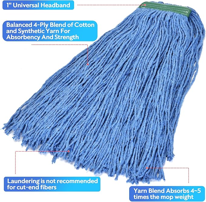 Matthew Cleaning 24oz 6Pack Cotton Floor Mop,Cotton Looped-Open String Heavy Duty String Refills, Universal Headband Blend Refill,Mop Head Replacement for Home, Industrial and Commercial Use(Blue)