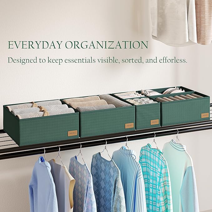 Drawer Organizer Clothes – Set of 6 Foldable Fabric Storage Bins for Dresser & Closet, Strong Structure, Fragrance Sachets Included, Organize Underwear, Socks, Baby Items, Green