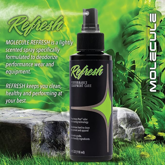 Molecule Refresh Spray | Performance Apparel Care | Cleans and Deodorizes Racing Suites & Technical Fabrics | Signature Fresh Scent | 4 Ounces