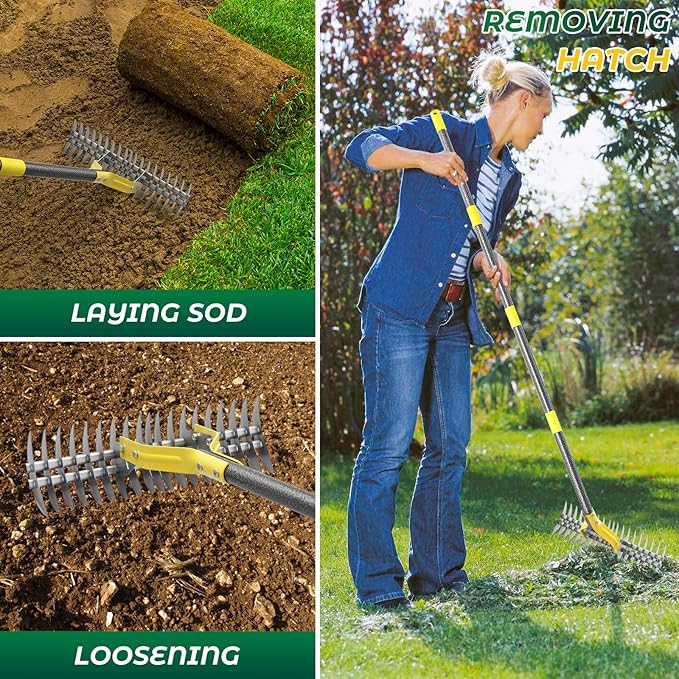 Thatch Rake,55 Inch Heavy Duty Lawn Thatching with Adjustable Stainless Steel Handle,Multiple Garden Rake for Leaves,Lawn Loosening Soil,Backyard,Garden