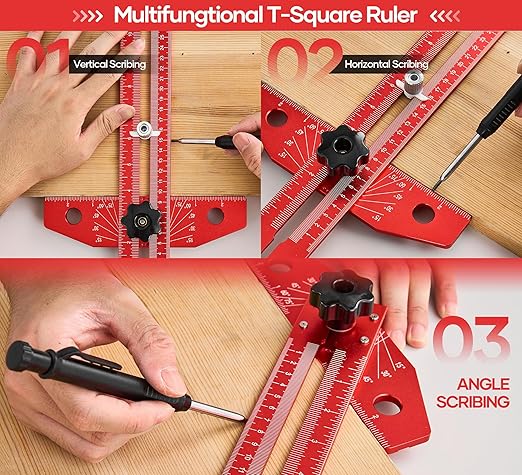 Saker Woodworking Scriber Marking Line Ruler, Adjustable Aluminum Alloy Sliding T-Square Ruler,Precision Line Drawing aid Ruler with Angle Adjustment Scale