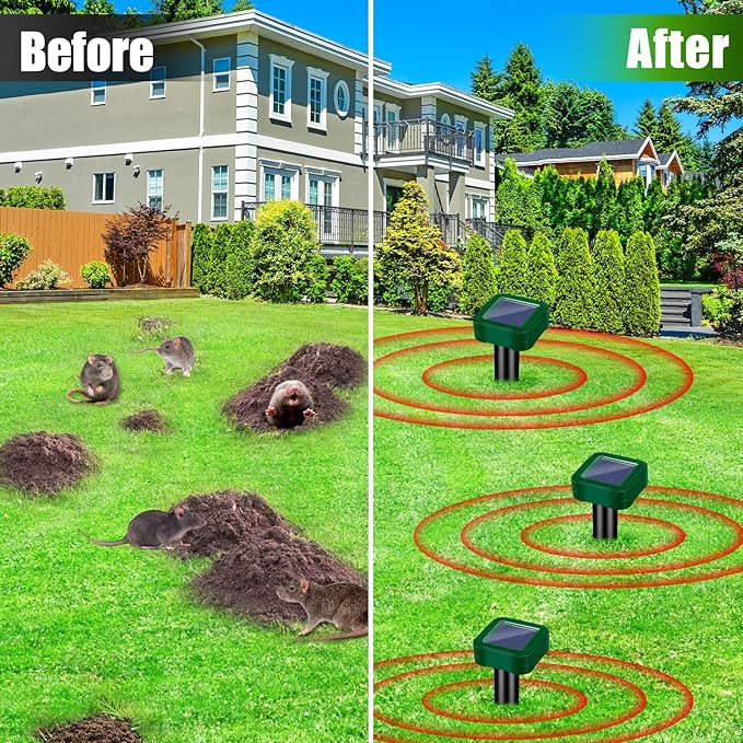 Solar Powered Mole Repellent Ultrasonic Outdoor, 8 Packs Snake Skunk Gopher Vole Rodent Deterrent, Waterproof Repeller for Yard Lawn Garden to Get Rid of Groundhog Chipmunk Raccoon