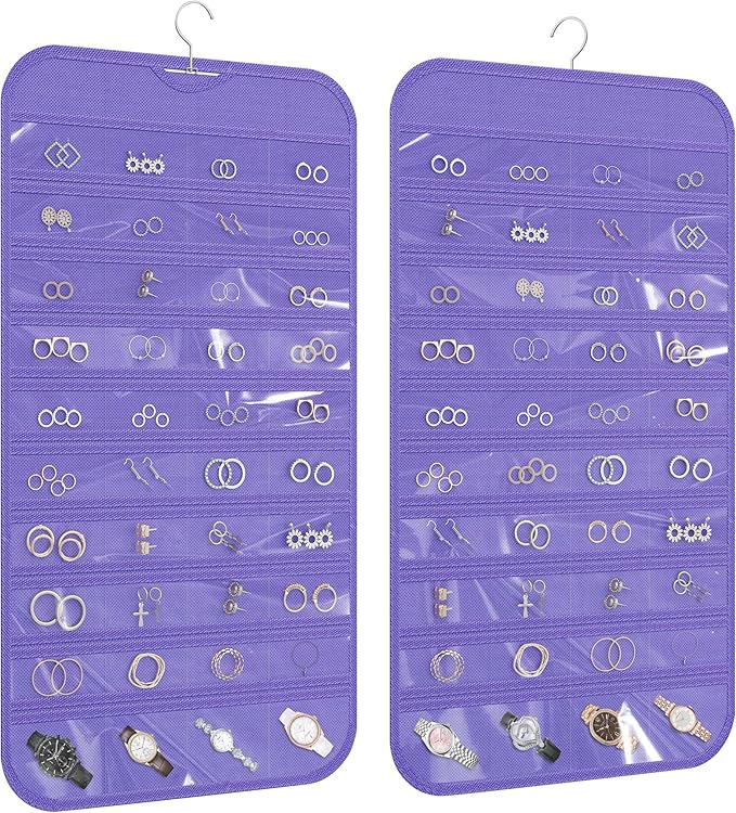 1 Pack Hanging Jewelry Organizer 80-Pocket Dual-sided Jewelry Storage for Earring Necklace Bracelet Ring Travel Holder, Purple
