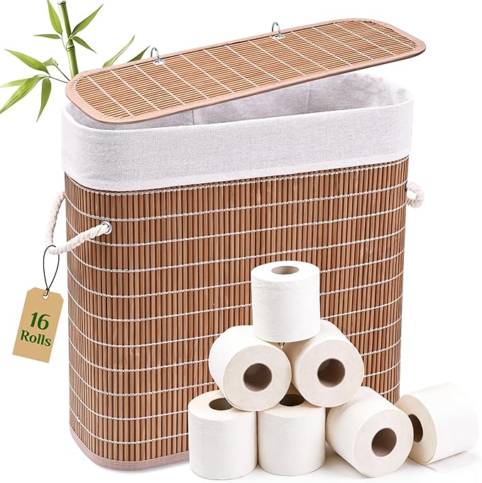 Livole Bamboo Toilet Paper Storage with Lid - 16 Regular Rolls or 12 Mega Rolls 36L Large Capacity Natural Toilet Paper Basket Organizer for Bathroom