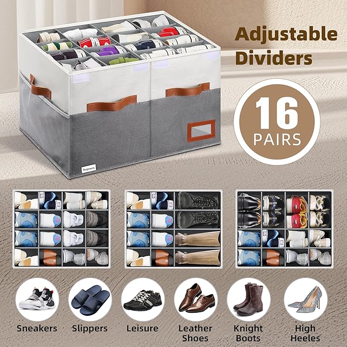 Supowin Shoe Organizer for Closet, Foldable Shoe Storage Bins with Lid & Adjustable Dividers, Fabric Shoe Box Storage Containers with Four Reinforced Handles, Fits 16 Pairs, 1 Pack, Grey