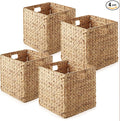 Casafield 12" x 12" Water Hyacinth Storage Baskets, Natural - Set of 4 Collapsible Cube Organizers, Woven Bins for Bathroom, Bedroom, Laundry, Pantry, Shelves